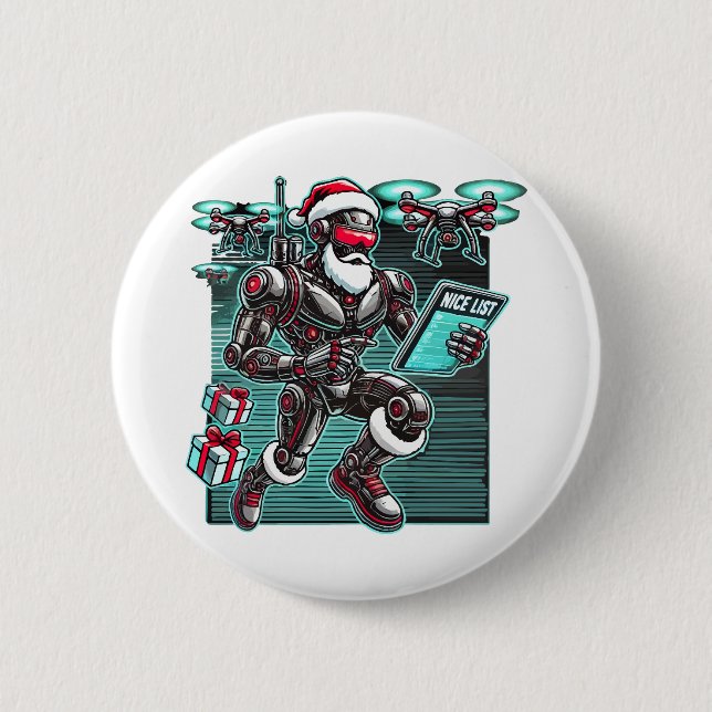 Chapa Redonda De 5 Cm AI Powered Santa Robot con drones y Navidades L (Anverso)