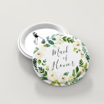 Chapa Redonda De 5 Cm Alabastro Floral Wreath, doncella de honor<br><div class="desc">Identifique a los jugadores clave de su ducha de novia con nuestros elegantes botones florales de moda. El botón presenta una corona floral de color verde y blanco con "criada de honor" inscrita en el interior con escritura manuscrita.</div>