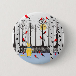 Chapa Redonda De 5 Cm Alegría de invierno - Gato con cardenales de Birch