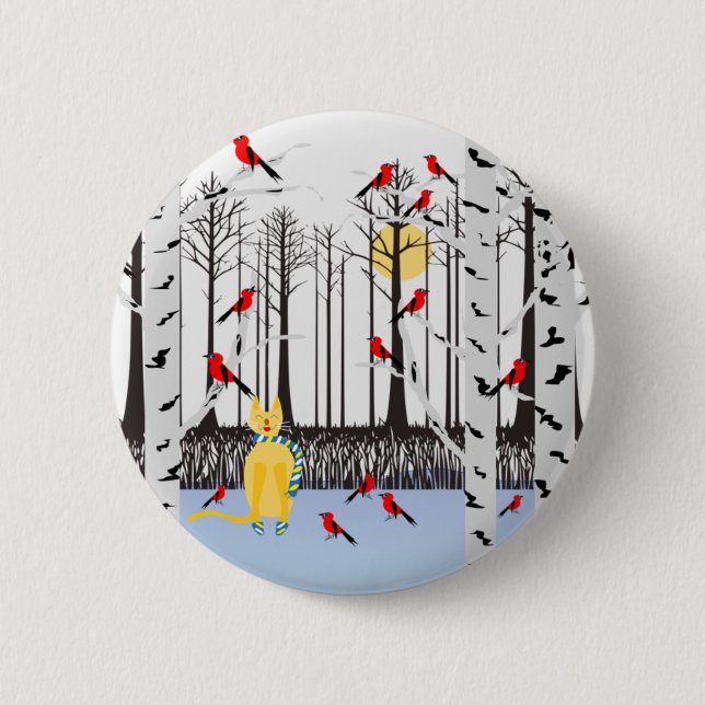 Chapa Redonda De 5 Cm Alegría de invierno - Gato con cardenales de Birch (Anverso)