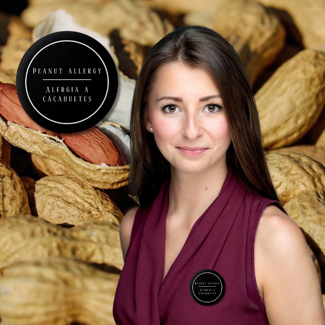 Chapa Redonda De 5 Cm Alerta de alergia a cacahuetes bilingües en blanco (Bilingual Peanut allergy warning button. Spanish. multilingual project)