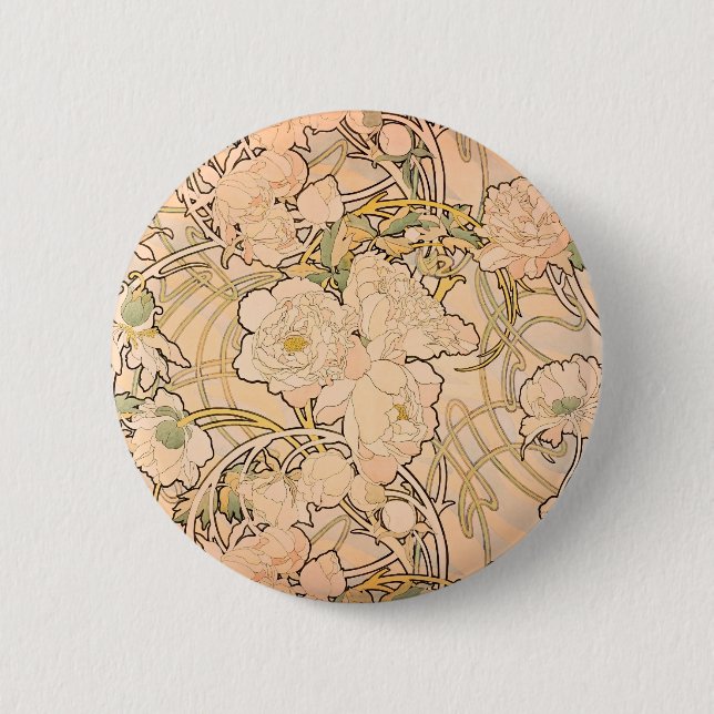 Chapa Redonda De 5 Cm Alfonse Mucha Art Nouveau Peonies (Anverso)