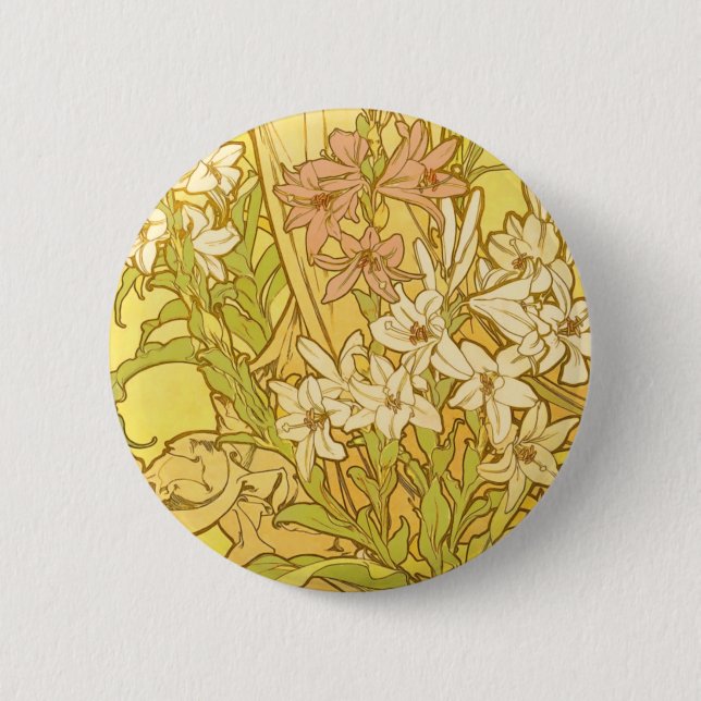 Chapa Redonda De 5 Cm Alfonse Mucha Flores de lirio Art Nouveau (Anverso)