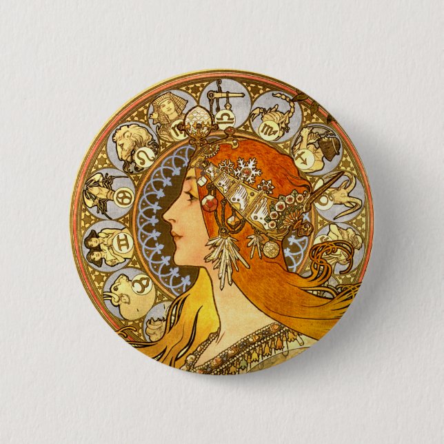 Chapa Redonda De 5 Cm Alfonse Mucha Zodiac Art Nouveau Mujer (Anverso)