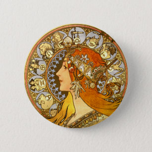 Chapa Redonda De 5 Cm Alfonse Mucha Zodiac Art Nouveau Mujer