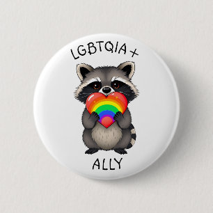 Chapa Redonda De 5 Cm Aliado LGBTQIA+   Raccoon con corazón arcoiris