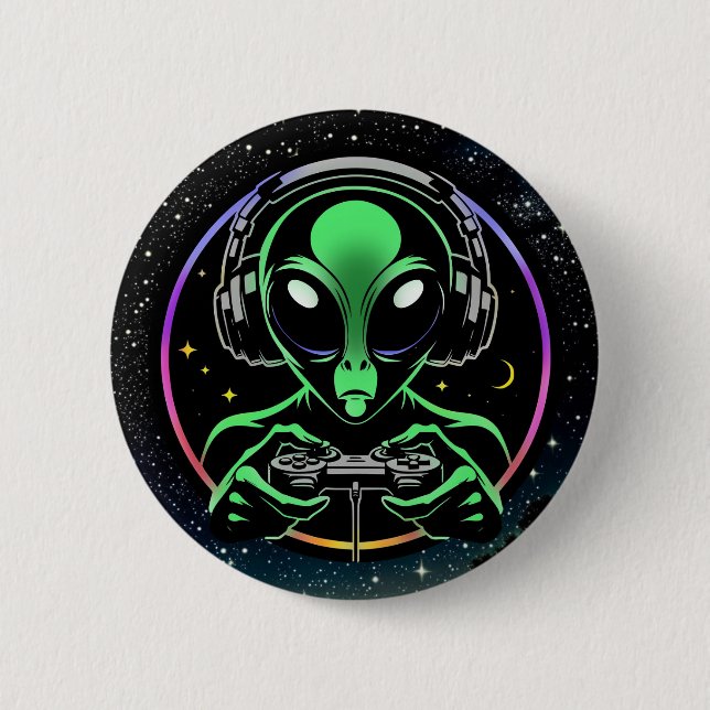 Chapa Redonda De 5 Cm Alien jugando videojuegos con fondo estelar (Anverso)