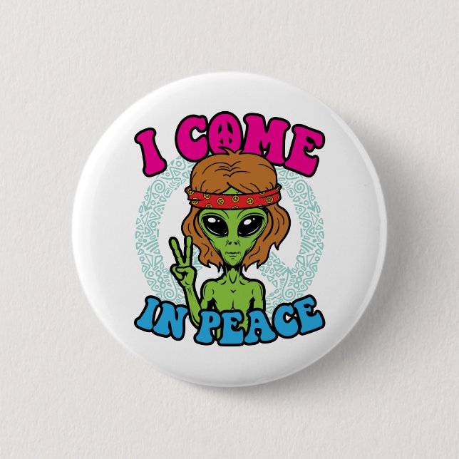 Chapa Redonda De 5 Cm Alienígena Hippie, vengo en señal de paz trippy (Anverso)