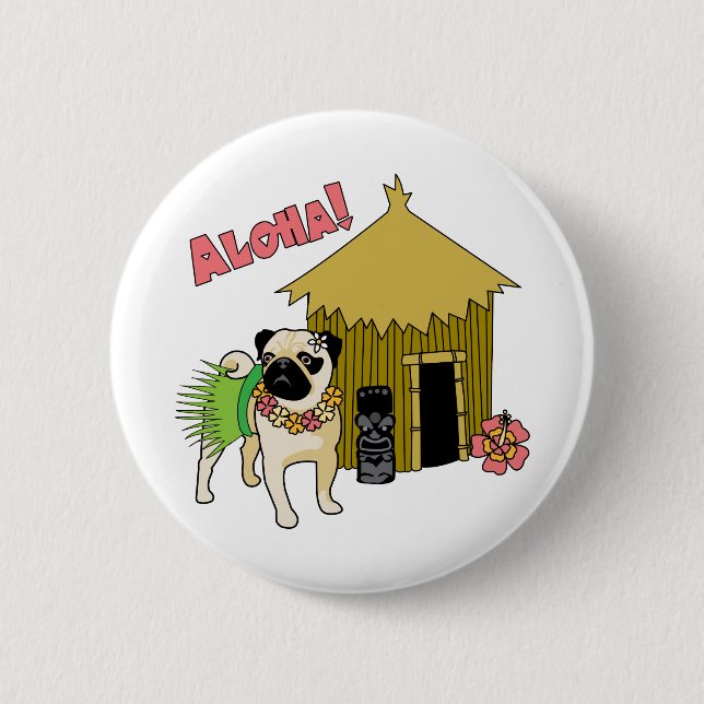 Chapa Redonda De 5 Cm ¡Aloha!  Botones de Pug de Hawái (Anverso)