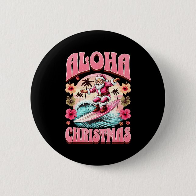 Chapa Redonda De 5 Cm Aloha Christmas Santa Claus Surfing Hawaiian Mele  (Anverso)