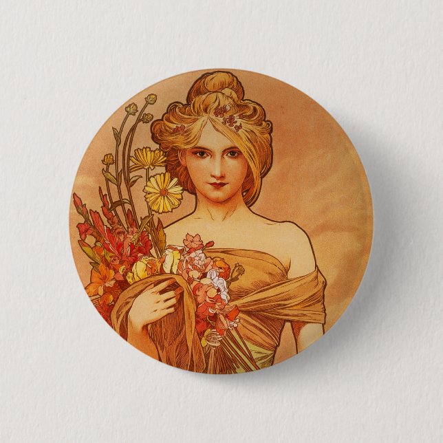 Chapa Redonda De 5 Cm Alphonse (Alfons) Mucha Bouquet (Anverso)