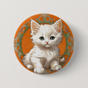 Chapa Redonda De 5 Cm Alphonse Mucha Art Nouveau Gatito Blanco