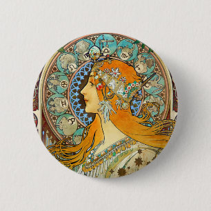 Chapa Redonda De 5 Cm Alphonse Mucha Art Nouveau Zodiac
