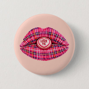 Chapa Redonda De 5 Cm Ama el beso de labios de tartán escocés rosa