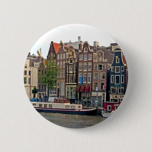Chapa Redonda De 5 Cm Amsterdam, casas en el canal (Anverso)