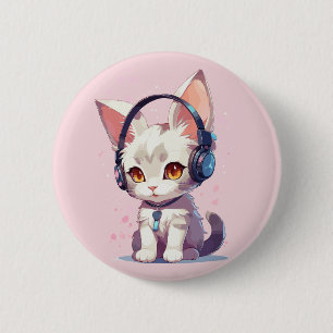 Chapa Redonda De 5 Cm Amuleto de Gatito Bonito con Auriculares