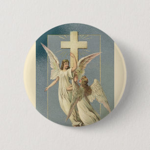 Chapa Redonda De 5 Cm Angels victorianos con cruz, vintage Pascua