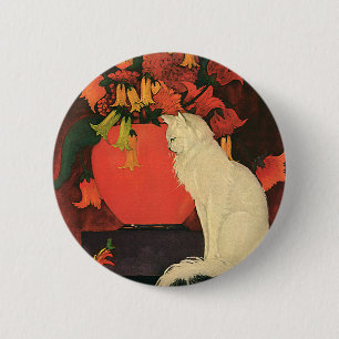 Chapa Redonda De 5 Cm Animales Vintage, Gato Blanco Elegante, Flores de 