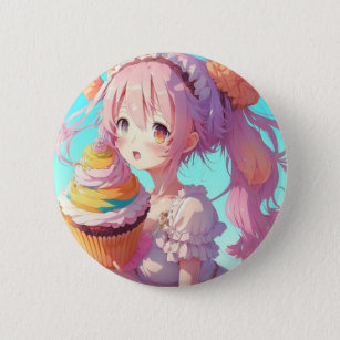 Chapa Redonda De 5 Cm Anime Chica con un caprichoso pastel