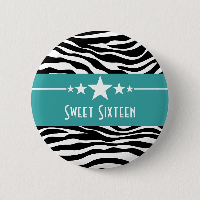 Chapa Redonda De 5 Cm Aqua Stars Zebra Print Sweet 16 Button (Anverso)