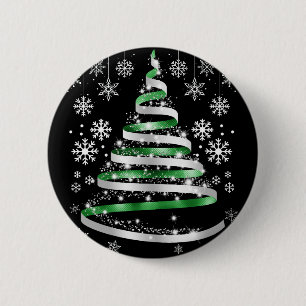 Chapa Redonda De 5 Cm Árbol de Navidad con Copo de Nieve Blanco y Cinta