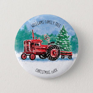 Chapa Redonda De 5 Cm Árbol de Navidad de Tractor de Vintage Rojo Añadir