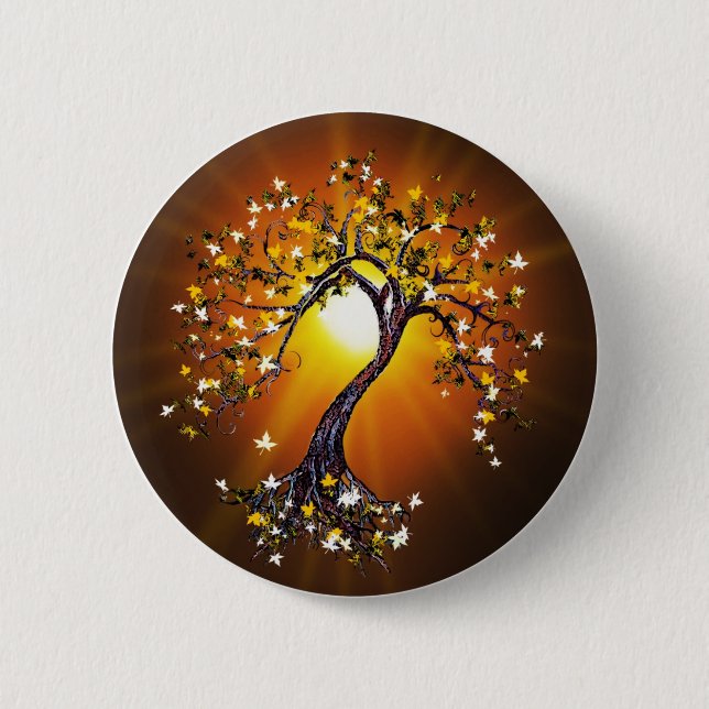 Chapa Redonda De 5 Cm Árbol de otoño al atardecer (Anverso)