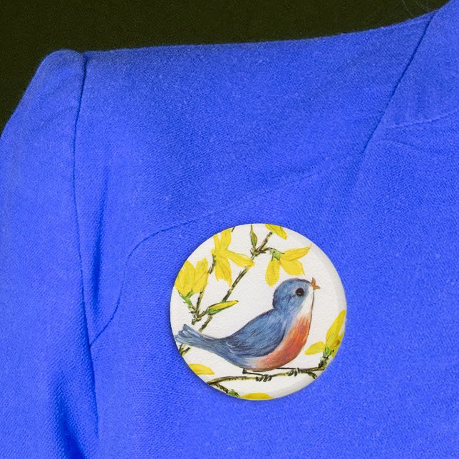 Chapa Redonda De 5 Cm Árbol de pájaros azules canto (Pretty red blue bird on branch with pretty yellow flowers on textured white pin back button.)