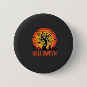 Chapa Redonda De 5 Cm Árbol Embrujado de Halloween Bruja y Gatos Negros