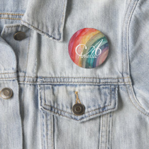 Chapa Redonda De 5 Cm Arcoíris Personalizado de Acuarela Adorable 
