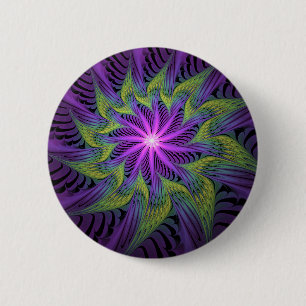 Chapa Redonda De 5 Cm Arte abstracto fractal moderno de flor verde púrpu