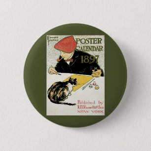 Chapa Redonda De 5 Cm Arte Antiguo Moderno, Artista Pintando con Gato Ma