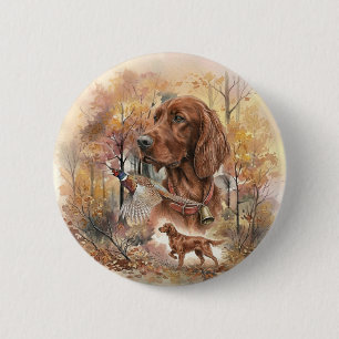 Chapa Redonda De 5 Cm Arte de caza de Setter Irlandés y faisán de otoño