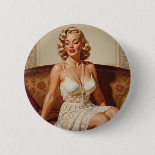 Chapa Redonda De 5 Cm Arte de chica pin-up rubia de los 50