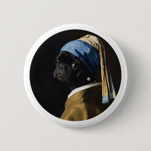 Chapa Redonda De 5 Cm Arte de Pug Negro Inspirado en el Retrato Clásico
