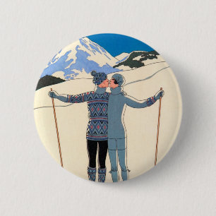 Chapa Redonda De 5 Cm Arte Deco Antiguo, Amantes en la Nieve por George 