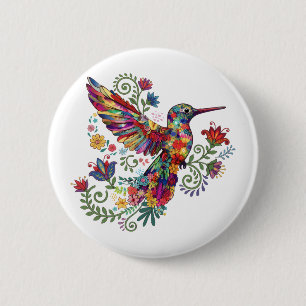 Chapa Redonda De 5 Cm Arte en Acuarela de Colibrí Floral Colorido