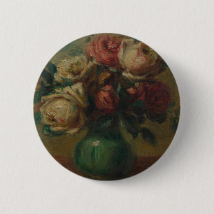 Chapa Redonda De 5 Cm Arte floral vintage de Renoir con rosas Cottagecor