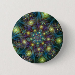Chapa Redonda De 5 Cm Arte fractal abstracto iluminado brillante turques