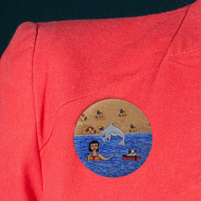 Chapa Redonda De 5 Cm Arte Popular Lady Cat Beach Dolphin Swimming (Woman with cat inner tubes in ocean with jumping grey dolphin beach umbrellas on pin back button.)