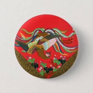 Chapa Redonda De 5 Cm Arte vintage del ave fénix rojo japonés G.A. Audsl