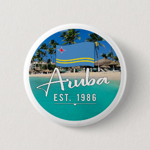 Chapa Redonda De 5 Cm "Aruba Este. Playa Con Bandera De 1986"