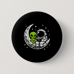 Chapa Redonda De 5 Cm Astronauta leyendo libro alienígena luna espacio