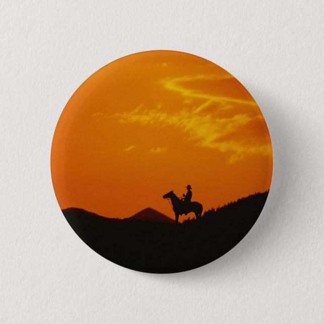 Chapa Redonda De 5 Cm Atardecer naranja con Silhouette Cowboy (Anverso)