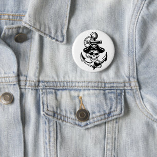 Chapa Redonda De 5 Cm Audaz Skull Pirata y Anchor - Diseño Nautico