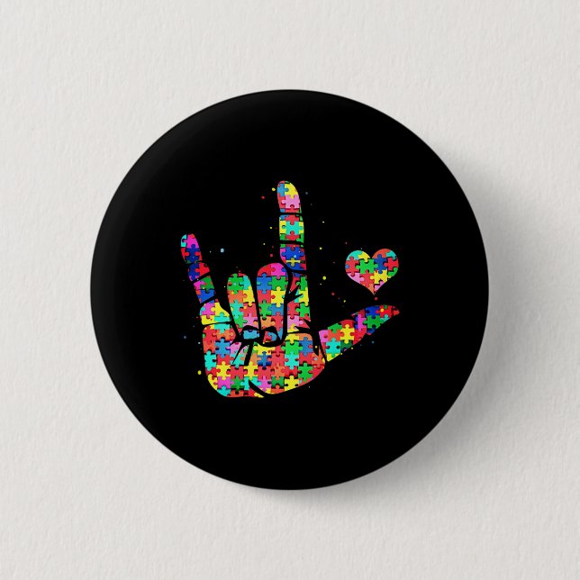 Chapa Redonda De 5 Cm Autismo Conciencia ASL Amor Rótulo Lenguaje Rompec (Anverso)