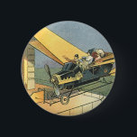 Chapa Redonda De 5 Cm Auto convertible de vintage Science Ficción Steamp<br><div class="desc">Ilustracion Vintage Victoriano futurista viajes y transporte ciencia ficción diseño de punk de vapor con un auto convertible volador con alas. El chófer está a punto de aterrizar su coche futurista (o es un avión) en la tienda de chocolates en el futuro. Un clásico diseño de ciencia ficción de historietas...</div>