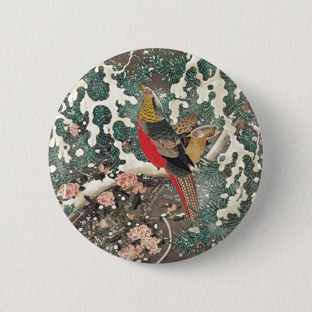 Chapa Redonda De 5 Cm Aves doradas en la nieve de Ito Jakuchu (Anverso)