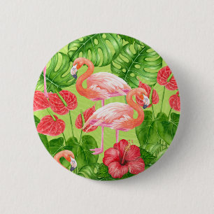 Chapa Redonda De 5 Cm Aves flamencas y plantas tropicales