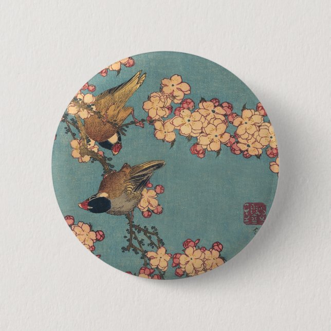 Chapa Redonda De 5 Cm Aves y flores arte japonés floral rosa (Anverso)
